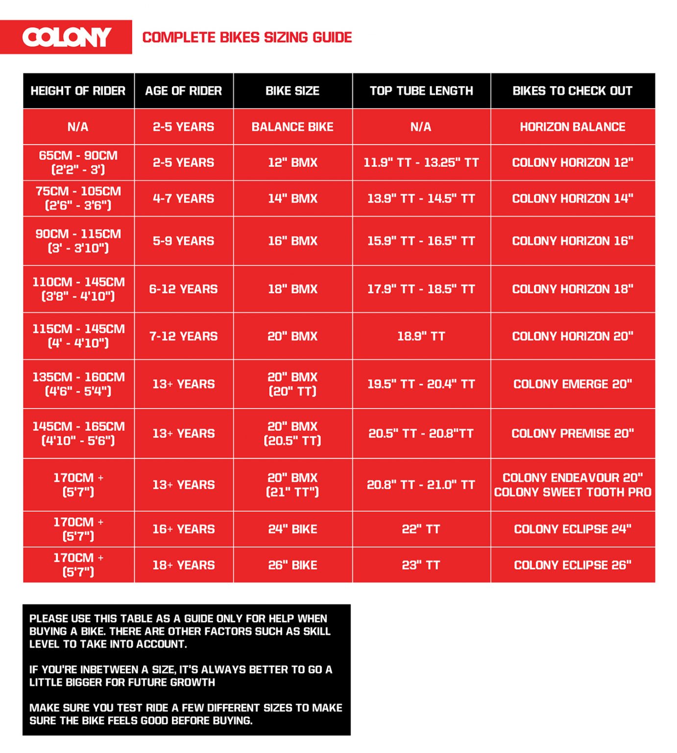 BMX Sizing Guide - Colony BMX